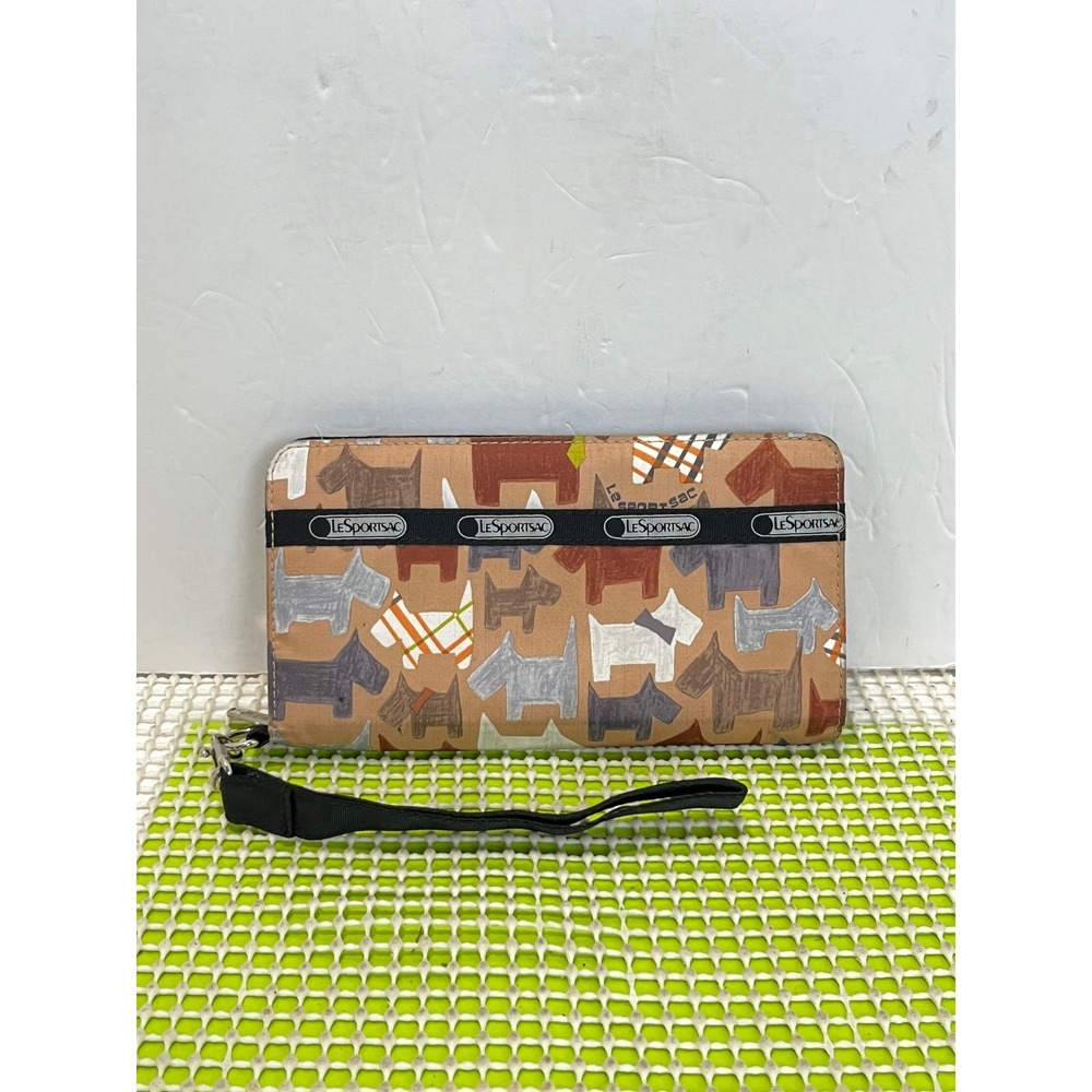 LeSportsac Scottie Dog Print Zip Around Tech Wallet Wristlet Tan Brown GOOD